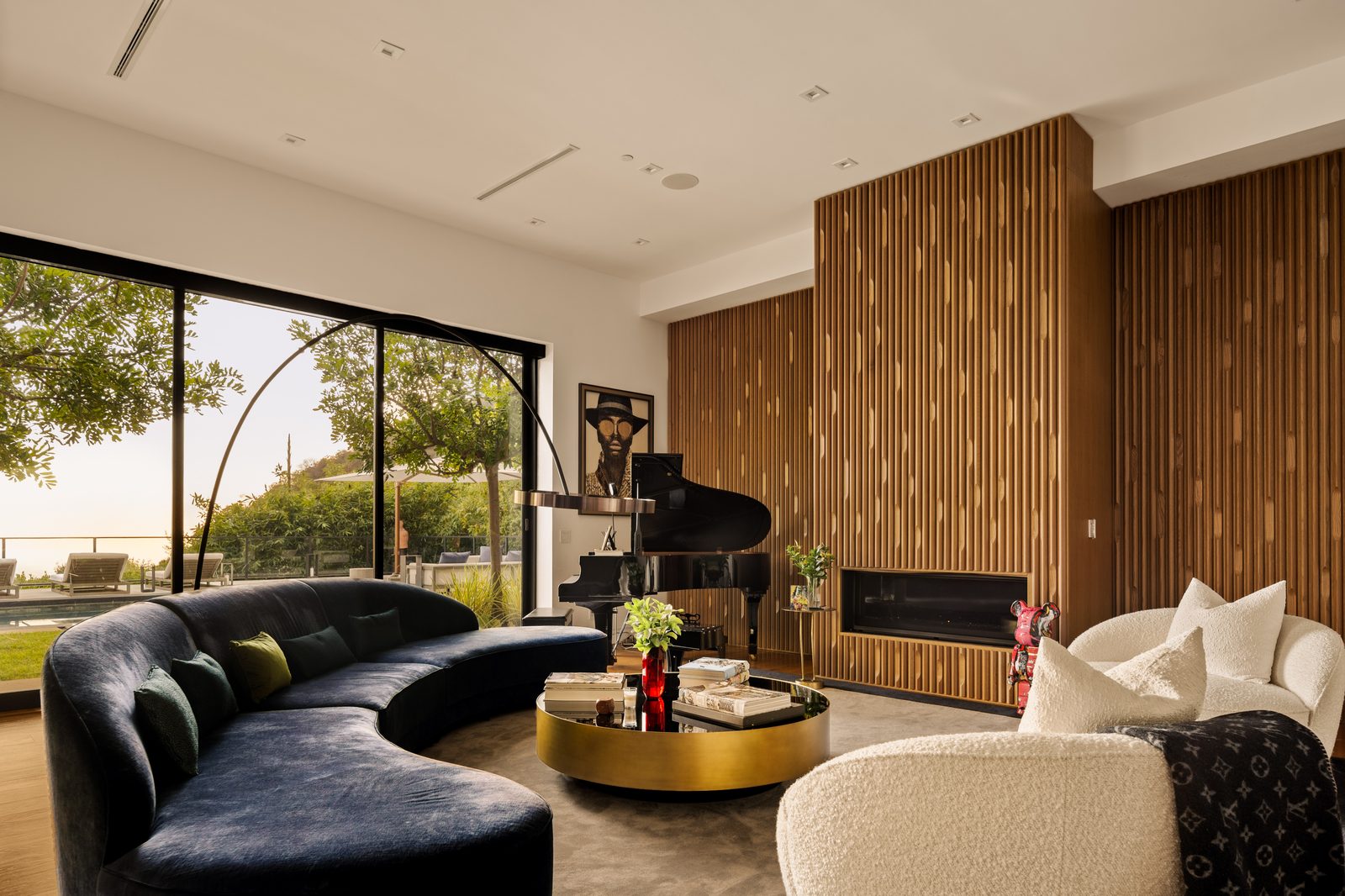 1723 Rising Glen Rd interior — living room with canyon views